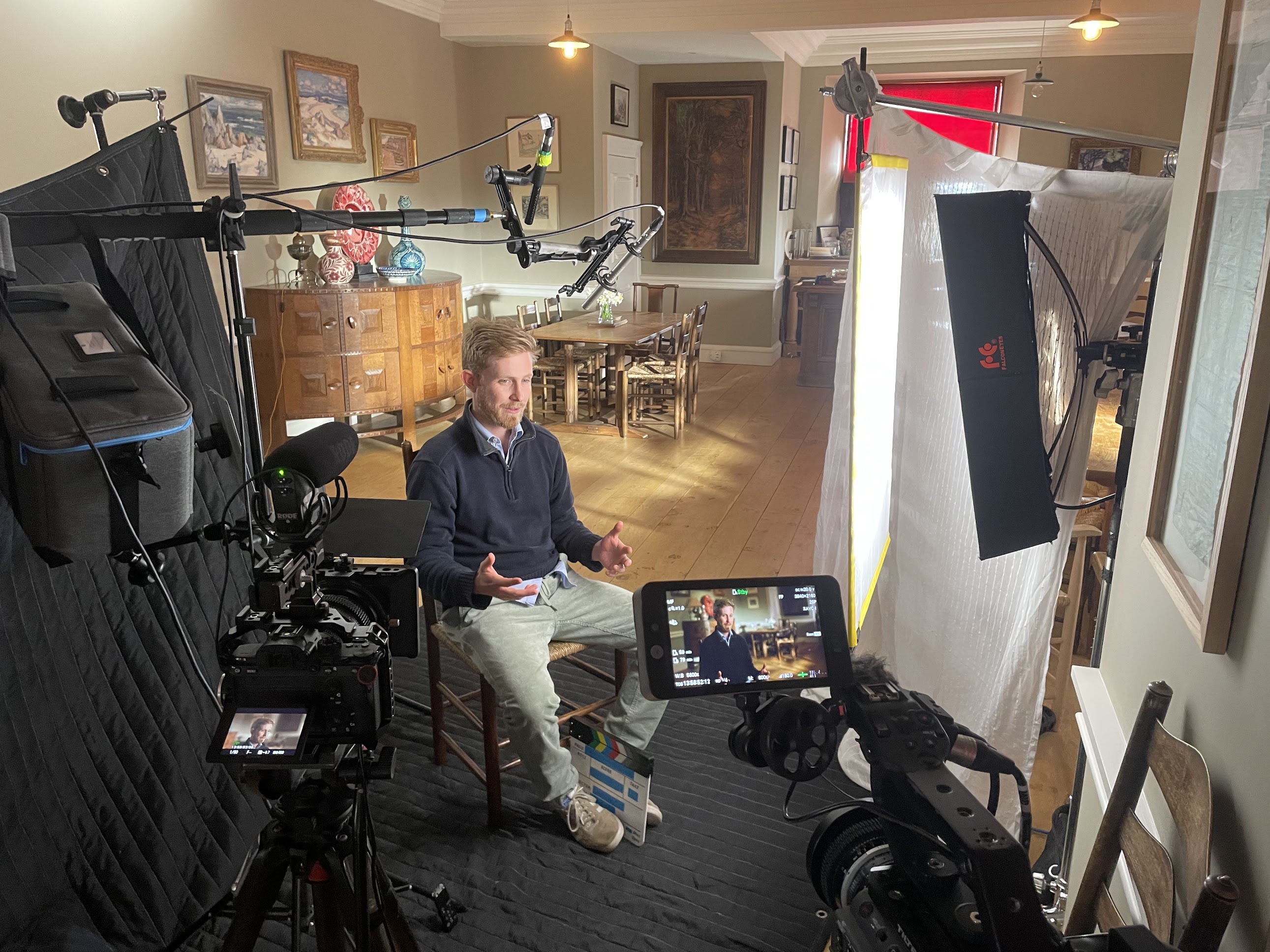 Independent documentary interview setup in a home